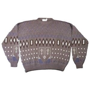 Vintage 80s 90s Sweater Mens XL Brown Geometric Diamonds Eclectic Grandpa Aztec
